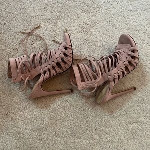 High heel sandal - 3 inch lace up, open toe in a neutral color.